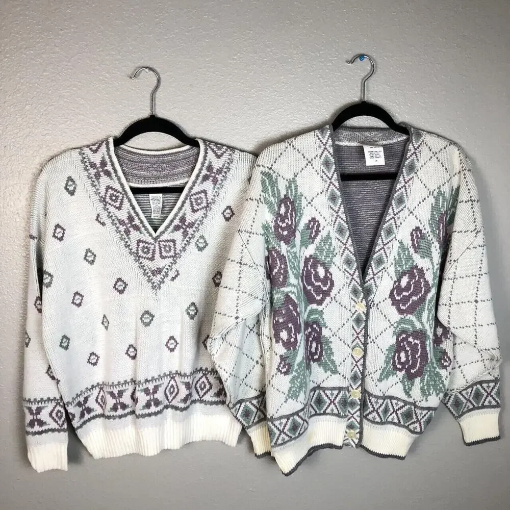 Vintage Size Large Matching Sweater & Cardigan Pastel Knit Floral Cottage Flower